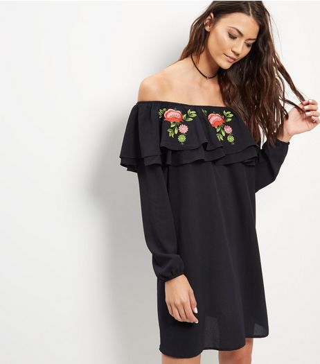 Black Floral Embroidered Bardot Neck Dress | New Look