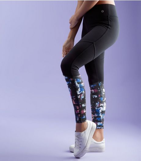 Black Abstract Print Hem Sports Leggings | New Look
