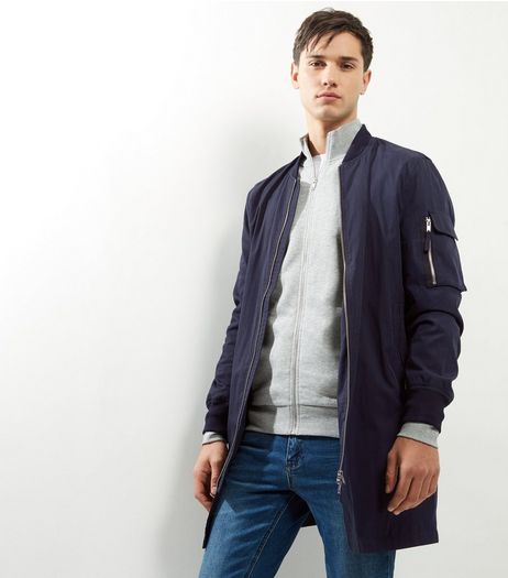 Navy Longline Bomber Jacket | New Look