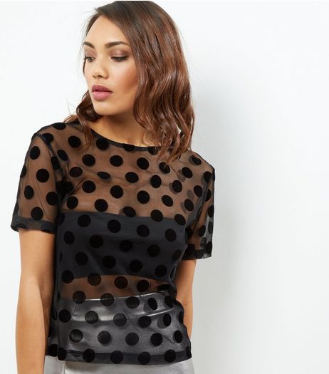 Black Mesh Flocked Spot Print T-Shirt | New Look