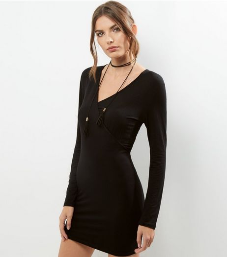 Black V Neck Wrap Front Bodycon Dress | New Look