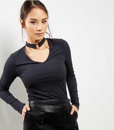 Black Choker Ring Neck Ribbed Top | New Look