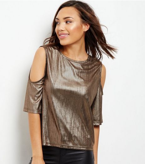 Cameo Rose Bronze Metallic Cold Shoulder T-Shirt | New Look