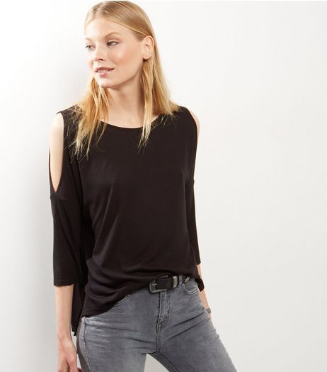 Black Ribbed Cold Shoulder Top | New Look