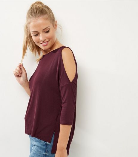 Burgundy Ribbed Cold Shoulder Top | New Look