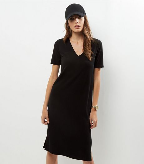 Black Ribbed V Neck Midi T-shirt Dress | New Look