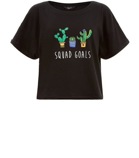 Teens Black Squad Goals Print Crop T-Shirt | New Look