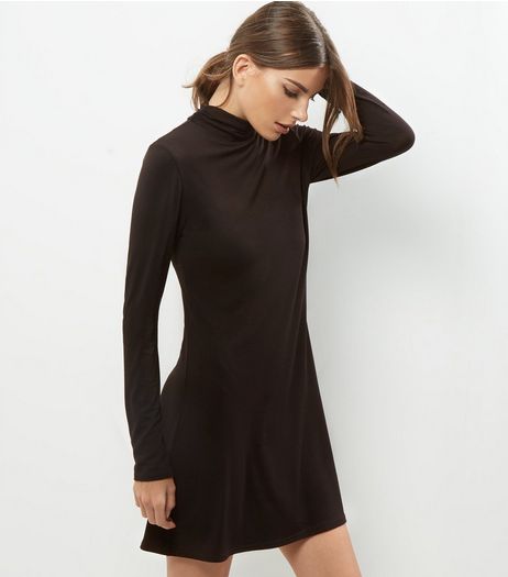 Black Funnel Neck Long Sleeve Dress | New Look