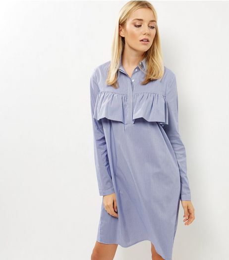 Blue Frill Trim Long Sleeve Shirt Dress | New Look