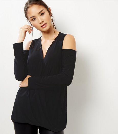 Black Cold Shoulder Wrap Front Top | New Look