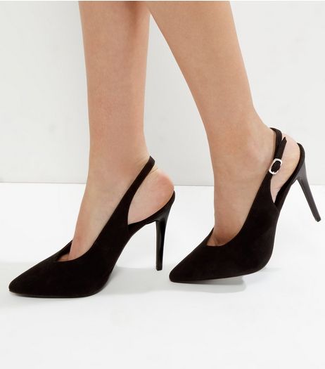 Black Suedette V Throat Toe Pointed Sling Back Heels | New Look