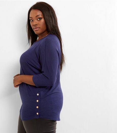 Curves Navy Fine Knit Popper Hem Top | New Look