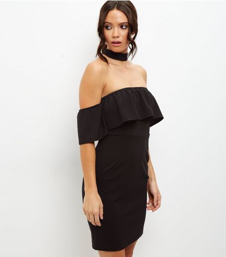Black Choker Bardot Neck Dress | New Look