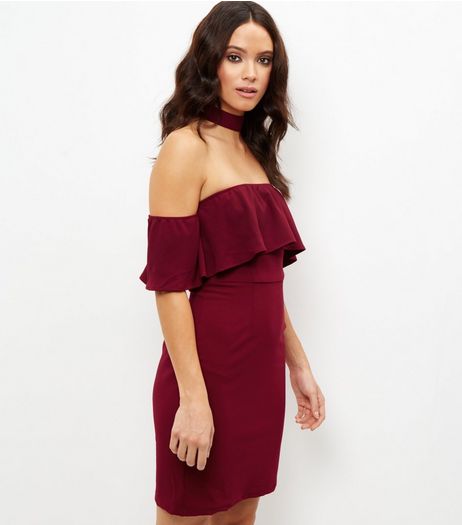 Dark Red Choker Bardot Neck Dress | New Look