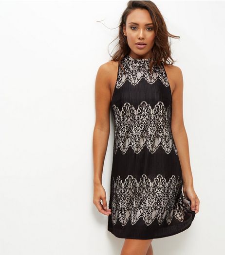 Black Lace Panel Funnel Neck Dress | New Look
