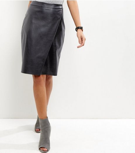 Black Leather-Look Wrap Front Midi Skirt | New Look