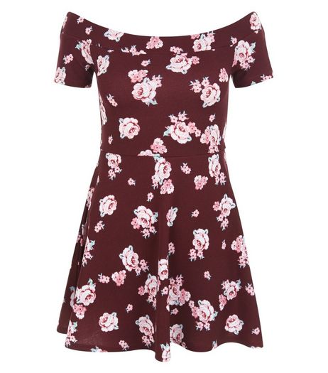 Teens Red Floral Print Bardot Neck Dress | New Look