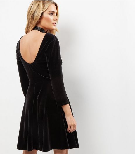 Black Scooped Back Velvet Skater Dress | New Look