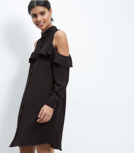 Cameo Rose Black Cold Shoulder Frill Trim Shirt Dress | New Look