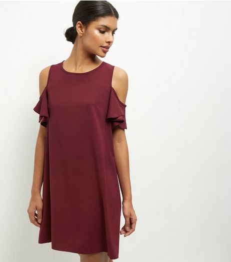 Cameo Rose Burgundy Cold Shoulder Frill Sleeve Dress | New Look