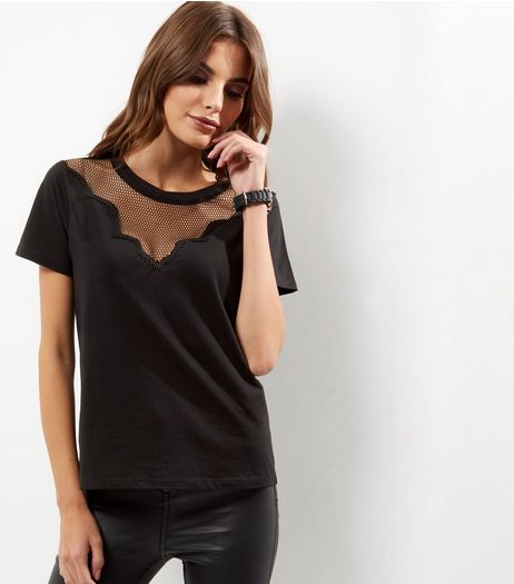 Black Lace Panel T-Shirt | New Look