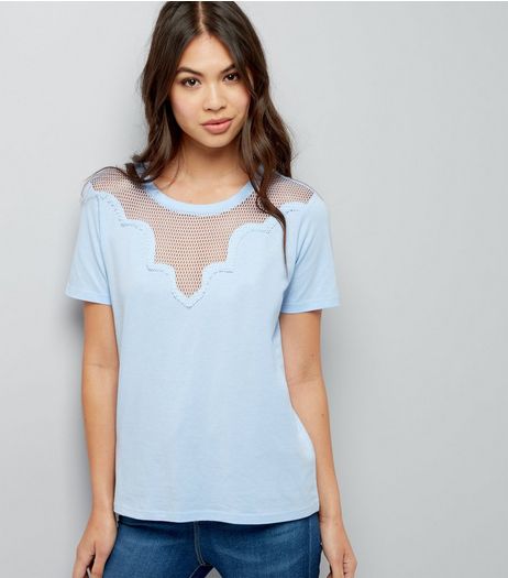 Blue Mesh Panel Short Sleeve T-Shirt | New Look