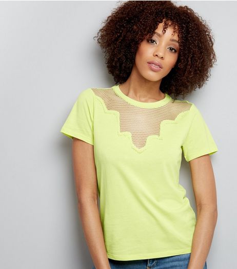 Yellow Mesh Panel Short Sleeve T-Shirt | New Look