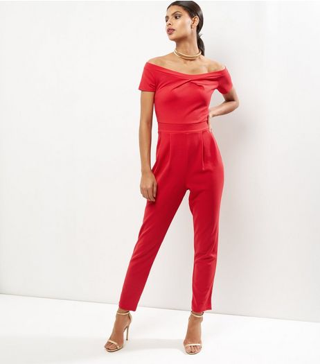 Dark Red Bardot Neck Twist Front Jumpsuit | New Look