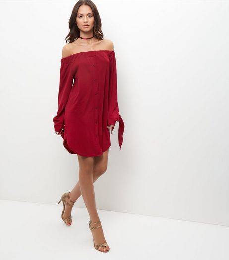 Cameo Rose Burgundy Tie Sleeve Bardot Neck Dress | New Look