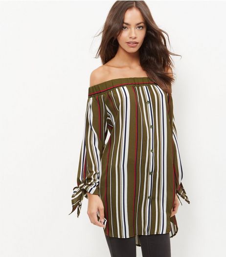 Cameo Rose Green Stripe Bardot Neck Tunic Top | New Look