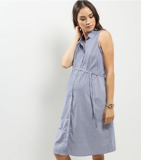 Maternity Blue Stripe Sleeveless Tie Waist Shirt Dress | New Look