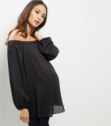 Maternity Black Long Sleeve Woven Bardot Neck Top | New Look