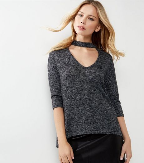Dark Grey Choker Neck 3/4 Sleeve Top | New Look