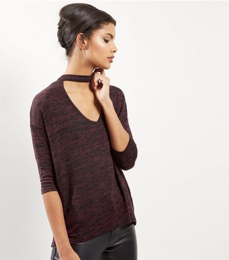 Burgundy Choker Neck 3/4 Sleeve Top | New Look