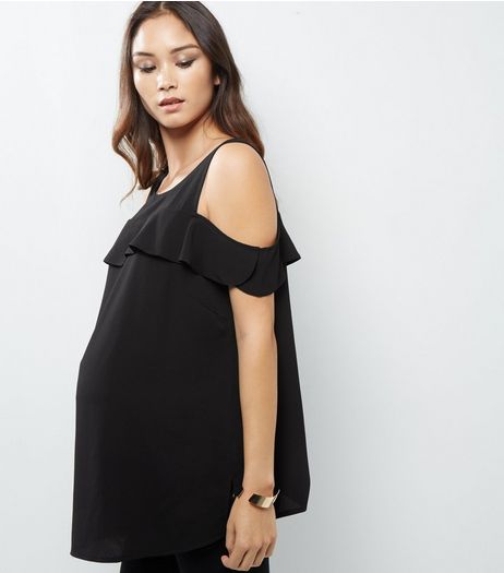 Maternity Black Frill Trim Cold Shoulder Top | New Look
