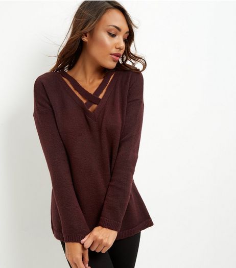 Burgundy Cross Strap Front Jumper | New Look