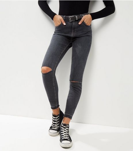 Black Drop Hem Ripped Knee Skinny Jeans | New Look