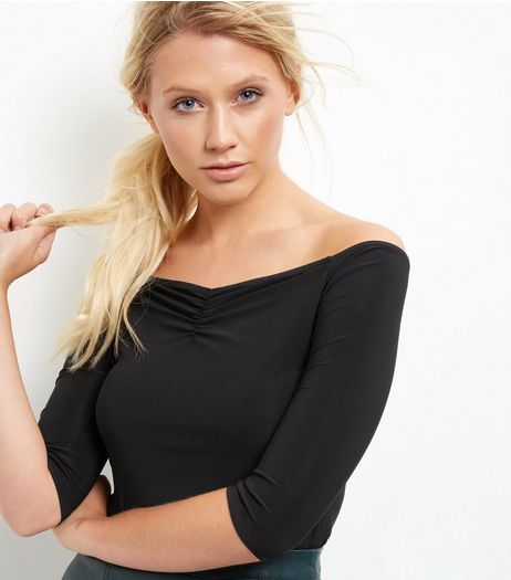 Black Ruche Front Bardot Neck Top | New Look