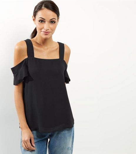 Black Flutter Sleeve Cold Shoulder Top | New Look