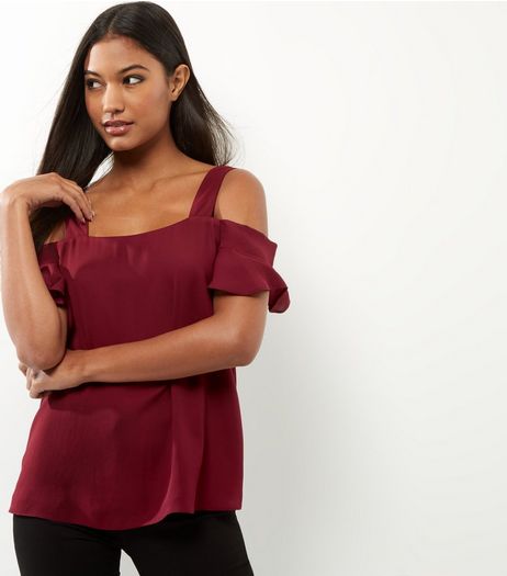 Burgundy Fine Knit Cold Shoulder Top | New Look