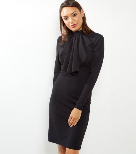 Blue Vanilla Black Ruffle Front Funnel Neck Dress | New Look
