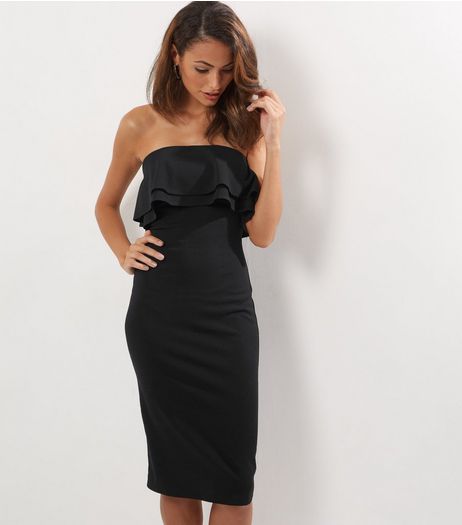 Black Frill Bardot Midi Dress | New Look