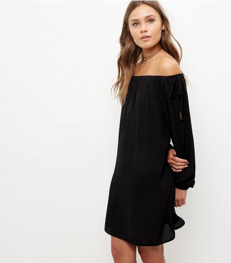 Blue Vanilla Black Tie Sleeve Bardot Neck Dress | New Look