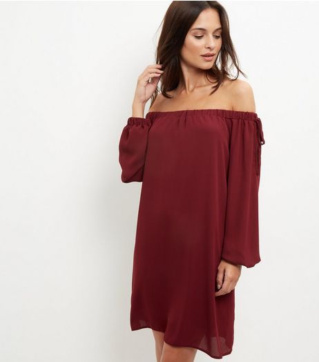 Blue Vanilla Burgundy Tie Sleeve Bardot Neck Dress | New Look