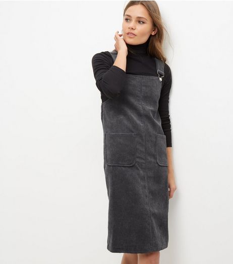 Blue Vanilla Dark Grey Cord Pinafore Dress | New Look