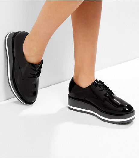 Wide Fit Black Patent Platform Lace Up Brogues | New Look