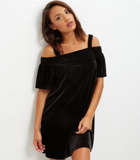Black Velvet Bardot Neck Strappy Dress | New Look