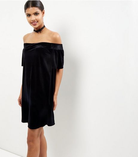Black Velvet Bardot Neck Dress | New Look