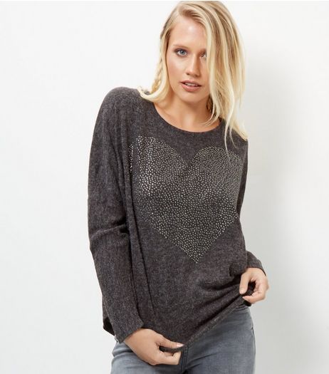 Blue Vanilla Dark Grey Heart Print Batwing Sleeve Top | New Look