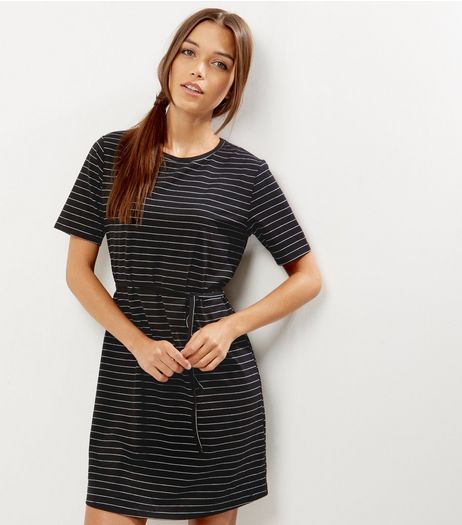 Black Stripe Tie Up Short Sleeve Tunic Dress | New Look